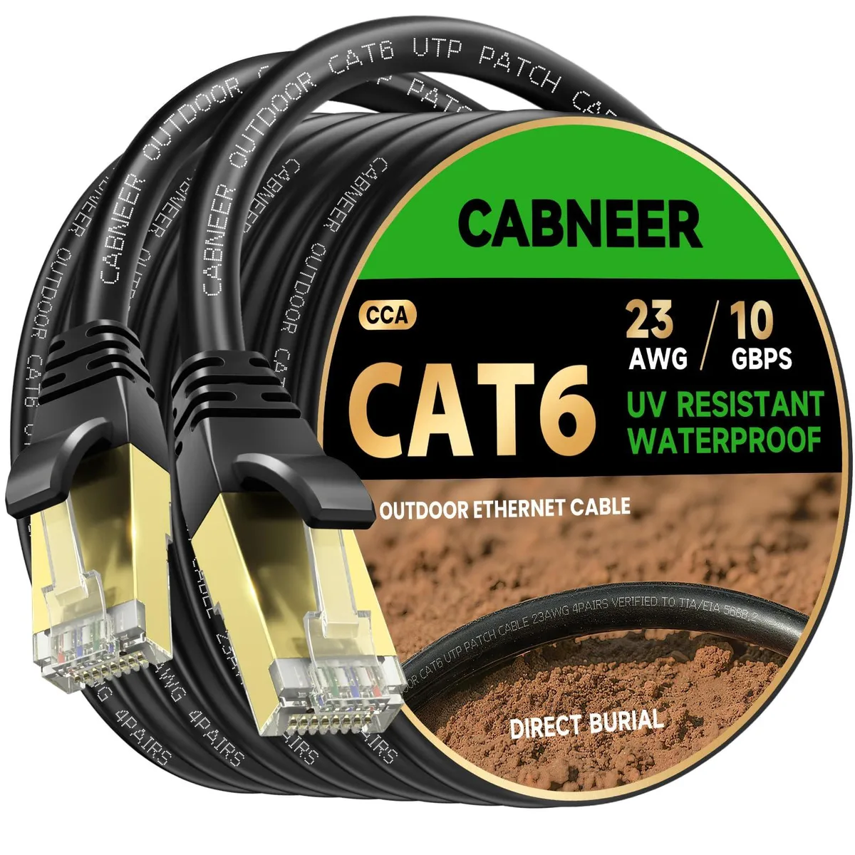  CABNEER Cat 6 Ethernet Cable 200 ft 23AWG 10Gbps UV Resistant Black 80 Ties — product photo