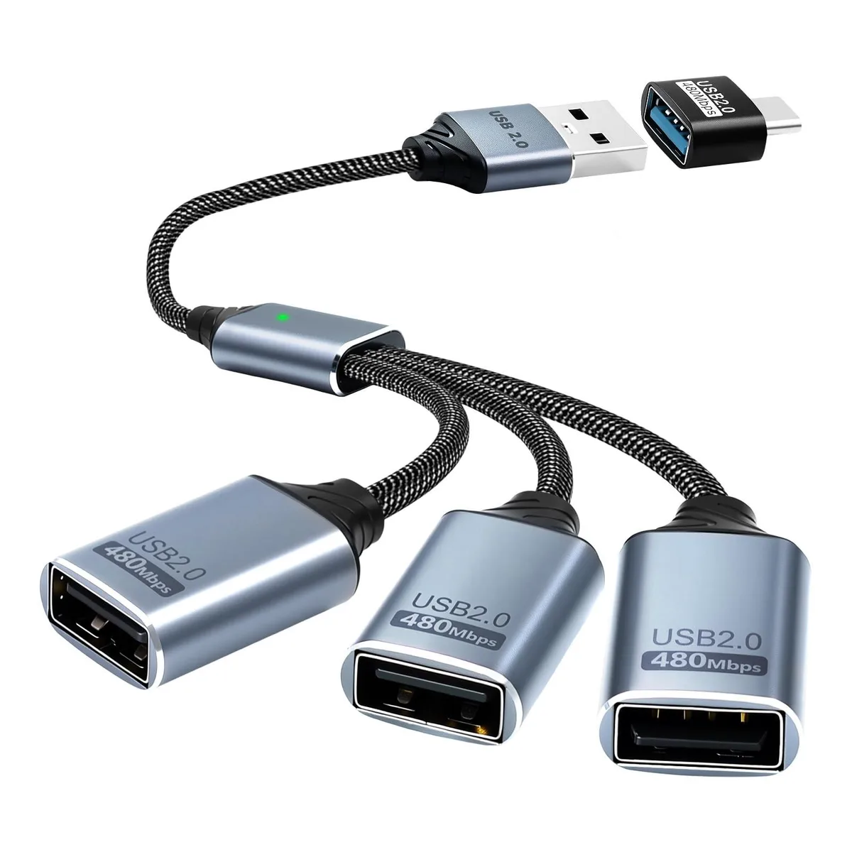  Duttek DUK-00957 USB 2.0 1-to-3 Splitter with A-to-C Adapter 0.8ft Grey — product photo