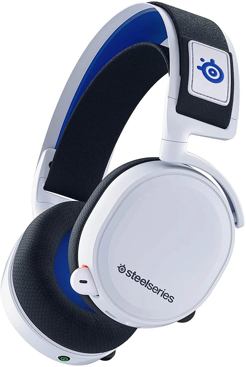 White SteelSeries Arctis 7P wireless gaming headset with steel headband and elastic ski-goggle strap