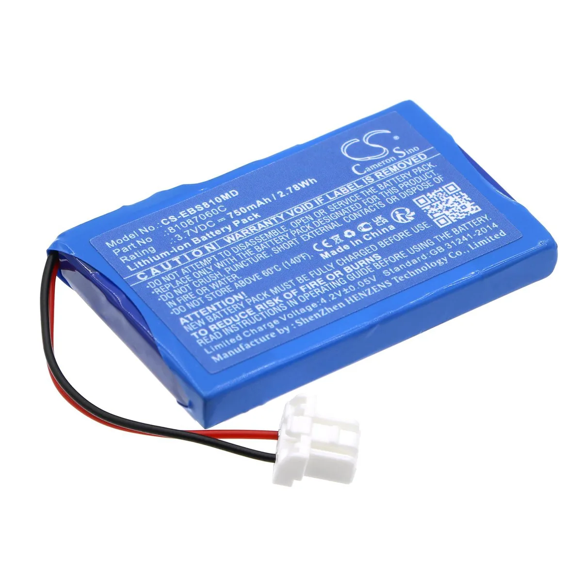 Small rectangular lithium-ion battery pack with smooth grey finish and connector cable