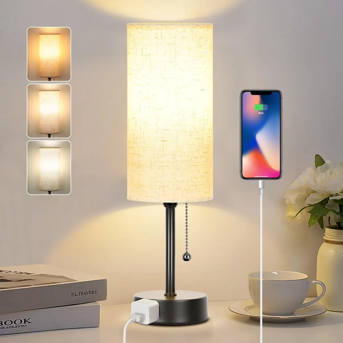 Oil-rubbed table lamp with white linen shade, pull chain and AC outlet