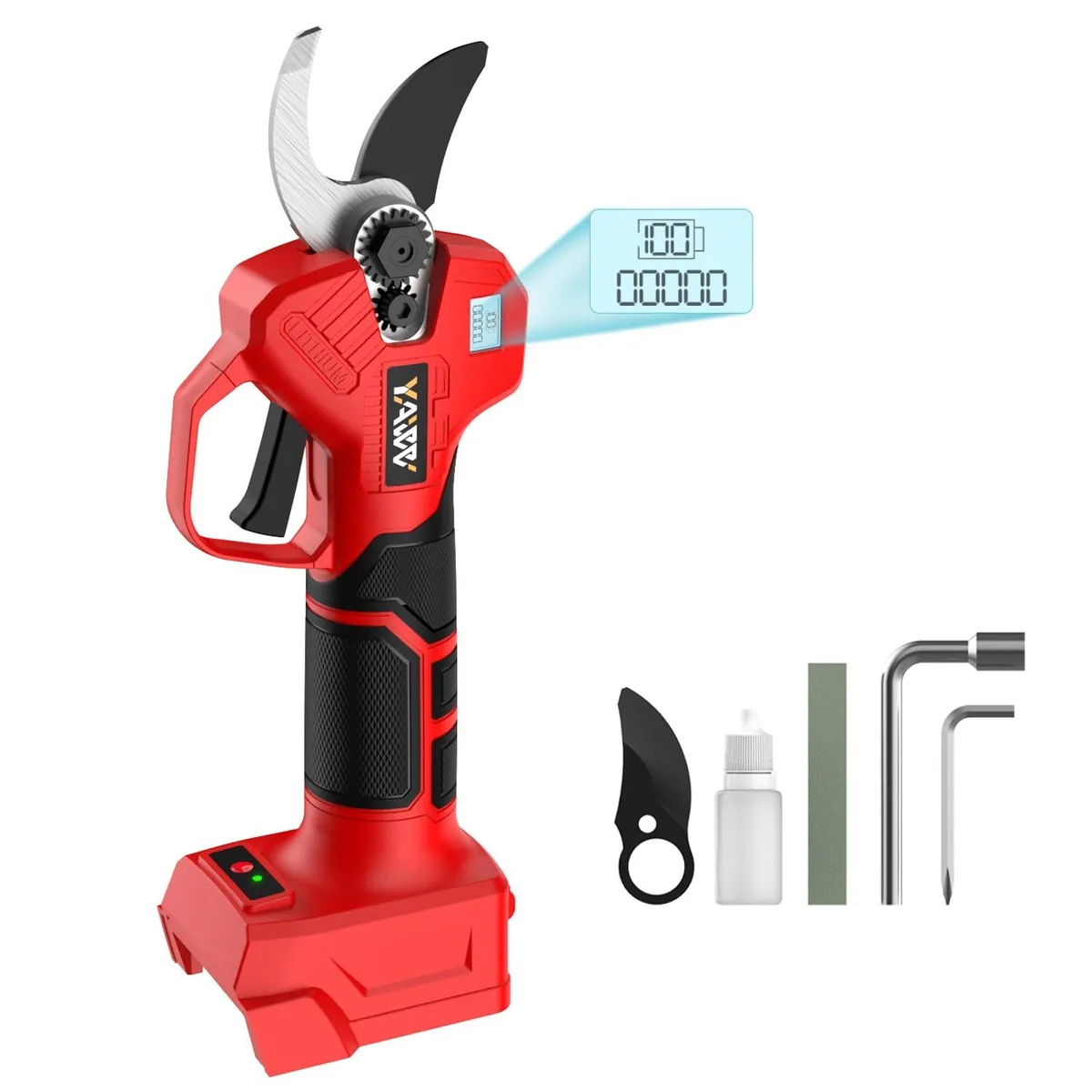 Red cordless pruning shears with LCD display, SK5 parrot-beak blade, ABS handle, no battery included