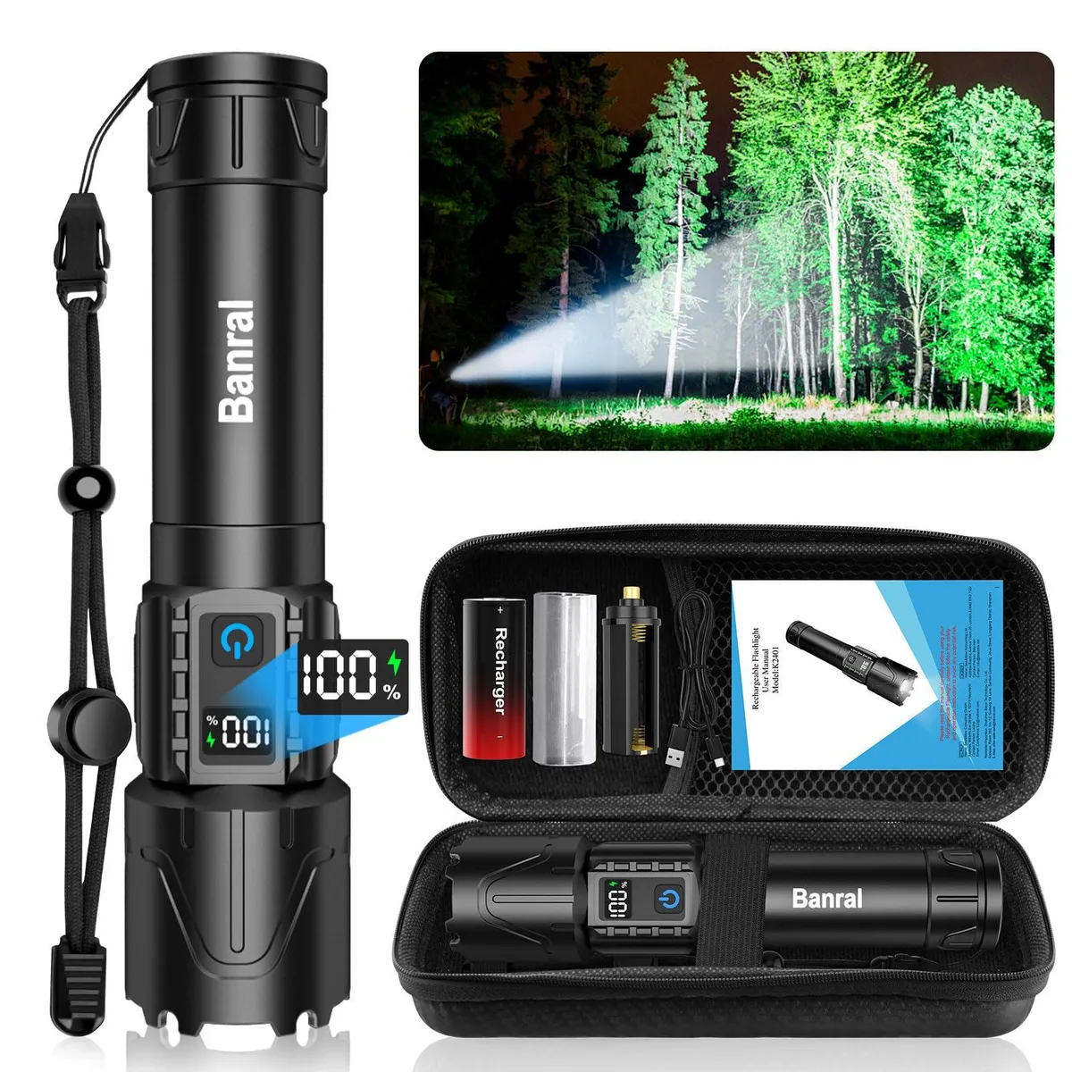 Black cylindrical aluminium flashlight with USB-C port, LCD display and zoomable head