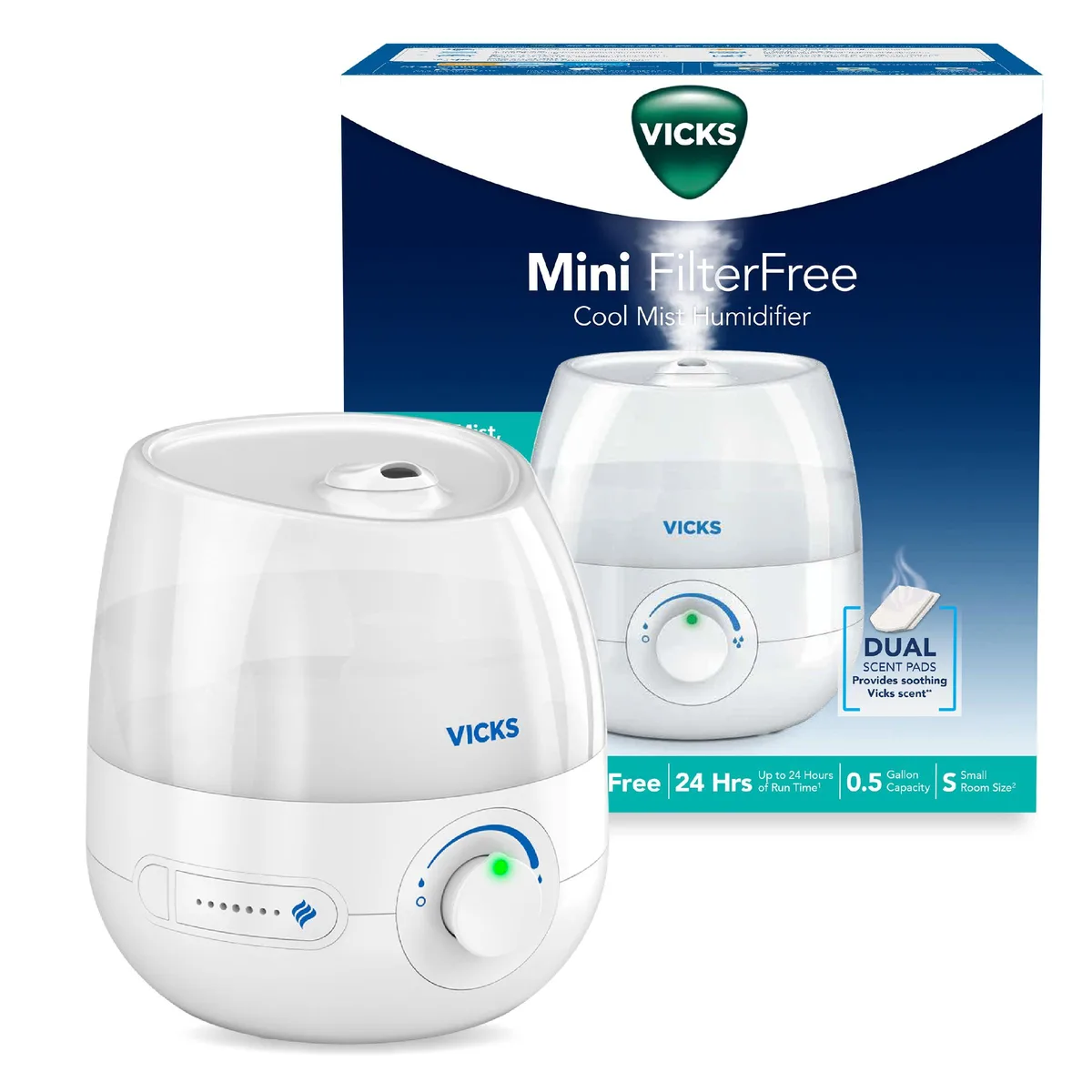 Compact white plastic ultrasonic humidifier with a 0.5-gallon tank, variable mist dial and 180-degree nozzle