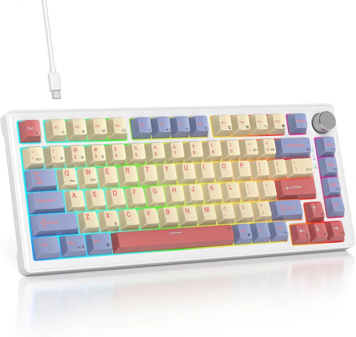 TUKO TUKO V500 75% Gasket Mechanical Gaming Keyboard with Knob, Pre-lubed White Jade Switches — product photo