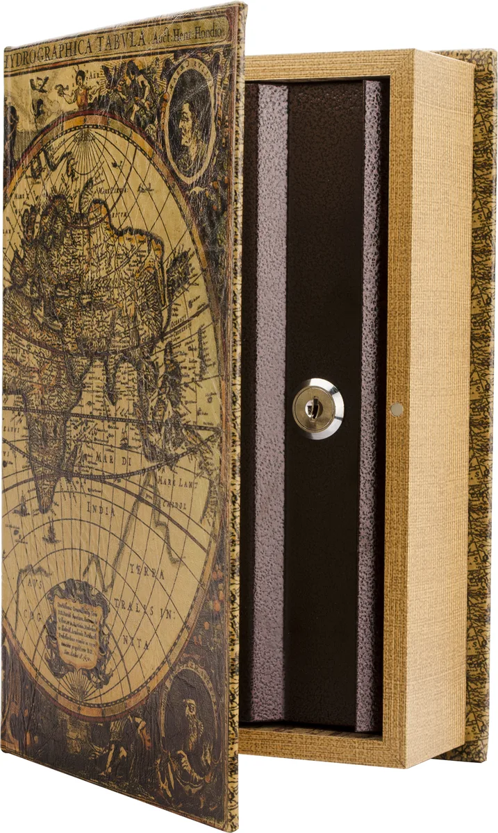 Antique map book safe, brown steel finish, key lock