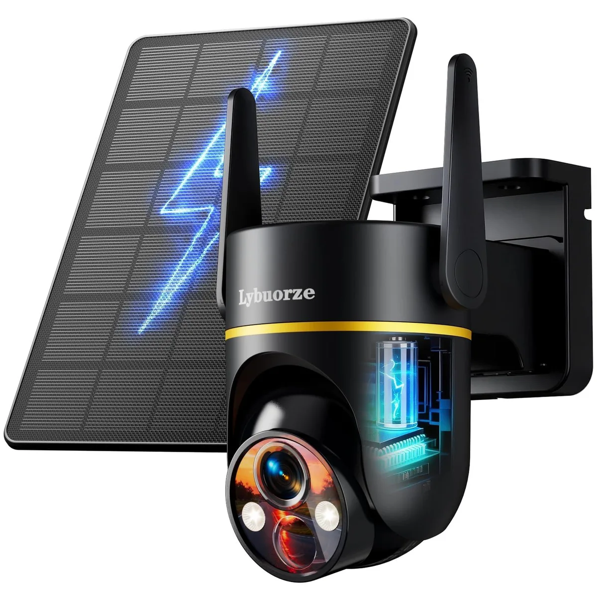 White outdoor security camera with solar panel on top, wall mount below