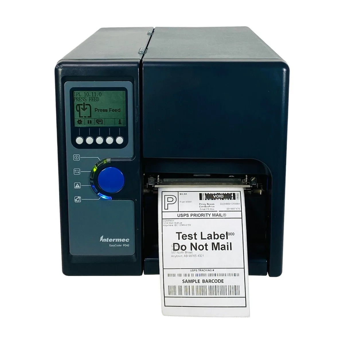 Compact industrial label printer in grey with front media window and rear Ethernet USB serial ports