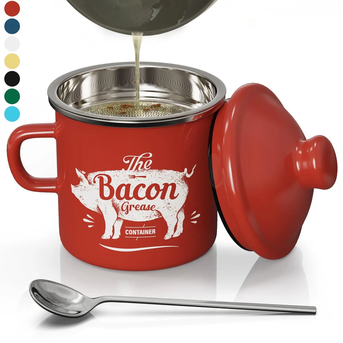 Red enamel bacon grease container with strainer and spoon