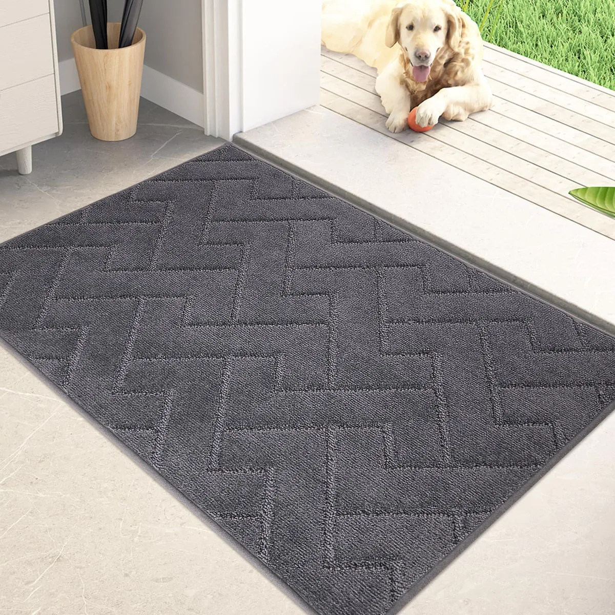 Grey geometric door mat, low profile, non-slip backing, machine washable, 20 by 31.5 inches