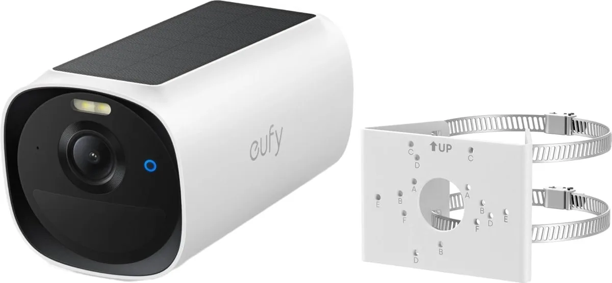 White rectangular outdoor camera with integrated solar panel and pole mount bracket