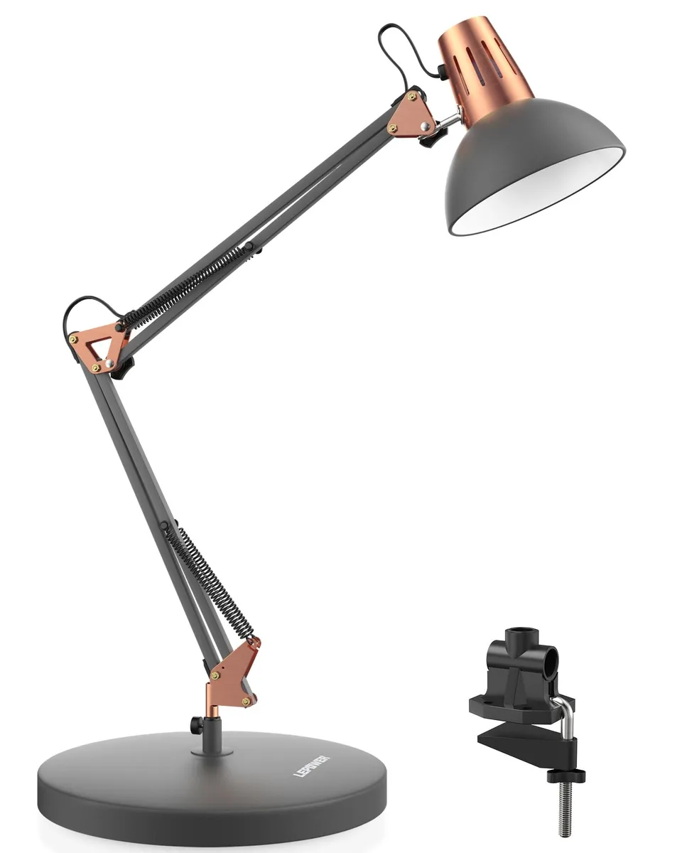 Sandy-black metal desk lamp with adjustable goose-neck arm and clamp base