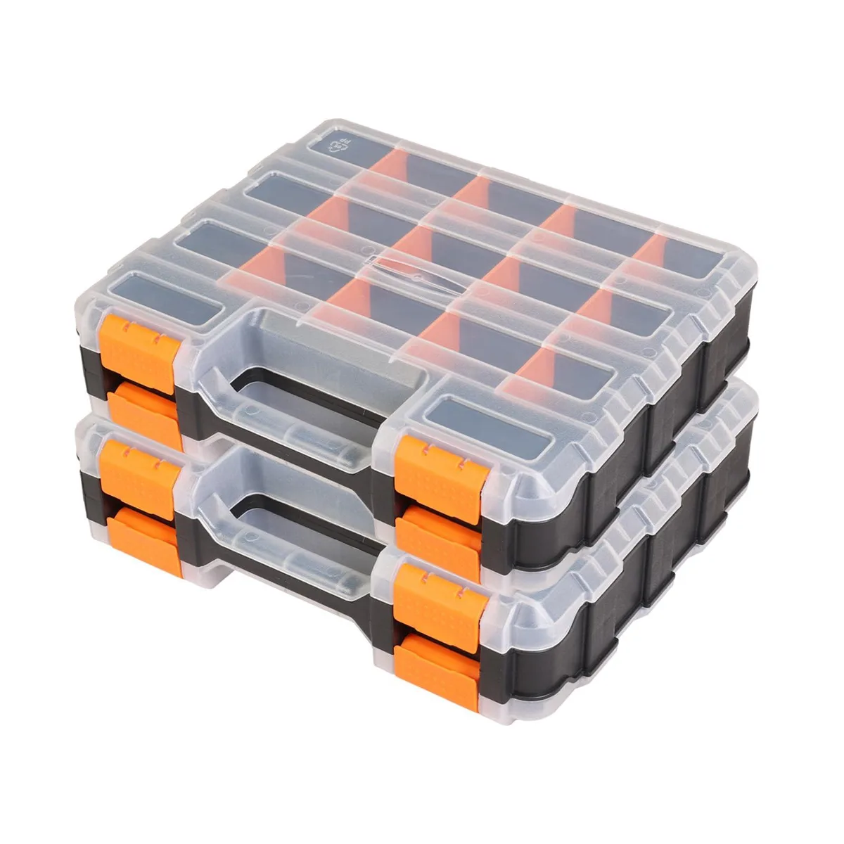 Two orange plastic tool boxes with transparent lids, double-sided with removable dividers