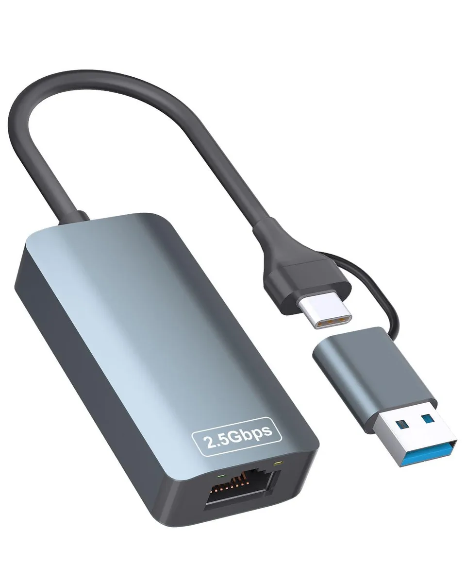Compact black USB-C to RJ45 adapter with aluminium finish, 35 grams