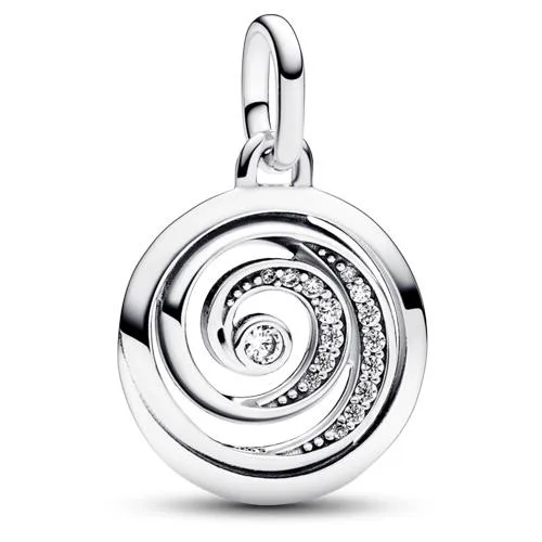 Sterling silver spiral medallion charm with sparkling stones and engraved gratitude message