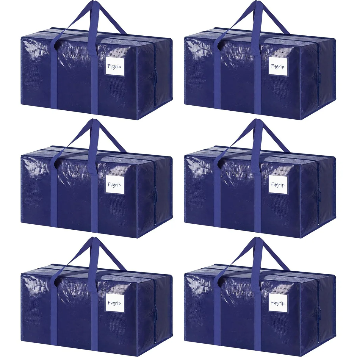 Six dark blue rectangular storage bags with zippers and wide handles laid flat