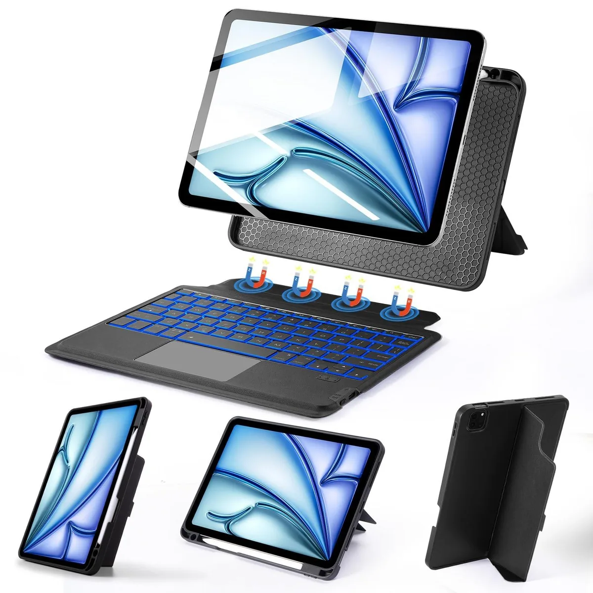 Black keyboard case with integrated trackpad for 11 inch iPad, magnetic detachable design