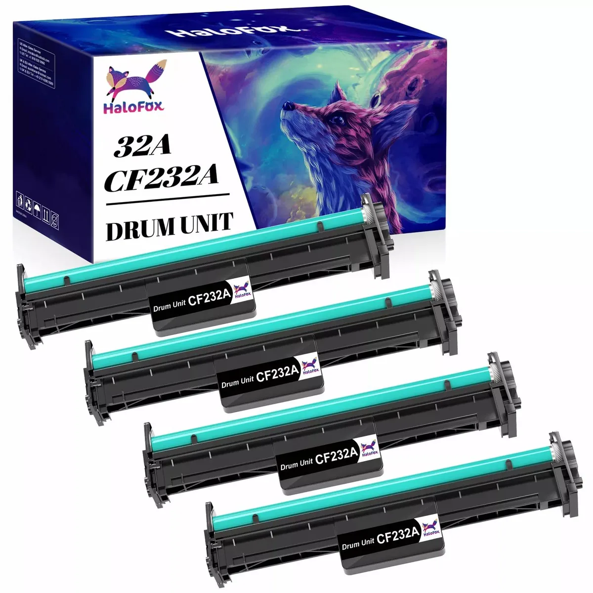 Four black drum units in sealed packaging