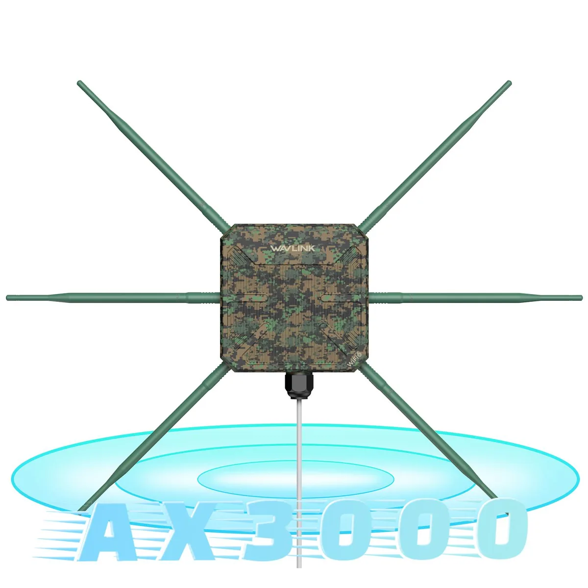 White rectangular outdoor WiFi 6 extender with six long antennas and weatherproof housing
