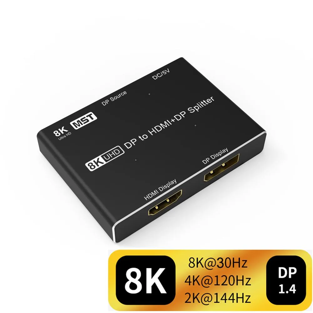 ESTONE ESTONE TJ-A038 DisplayPort 1.4 MST video switch 2 port HDMI 2.1 DP 8K@30Hz 4K@120Hz — product photo