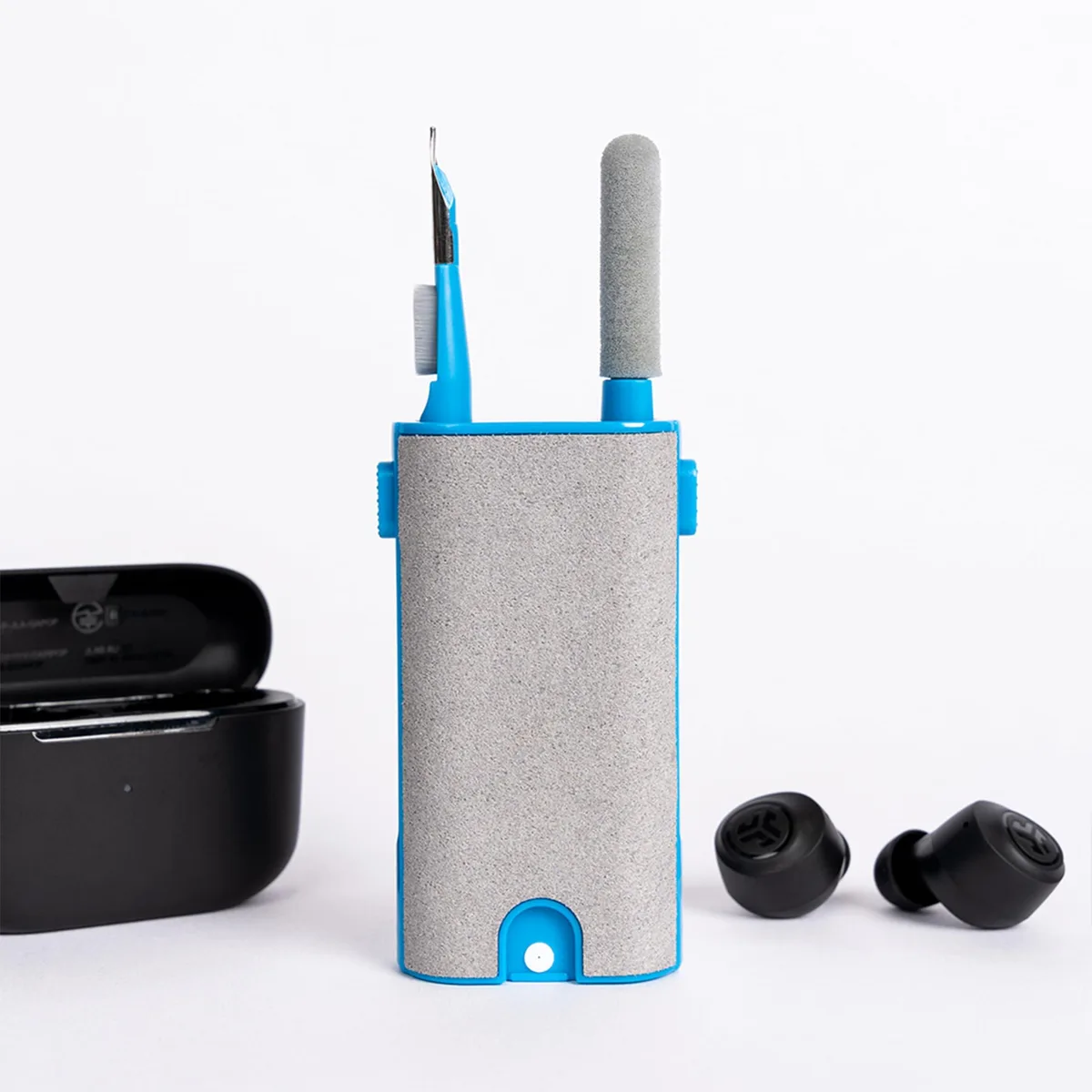 Grey rectangular cleaning kit case with spray compartment, cloth, brush, sponge and pen nib tool