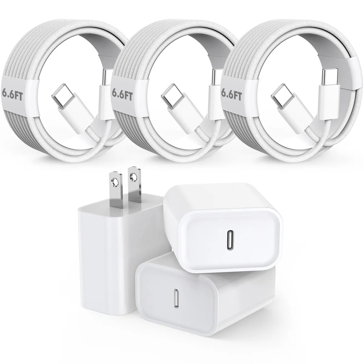 KEHIPI KEHIPI 20W USB-C Charger 3-Pack with 60W 6ft Braided Cable — product photo