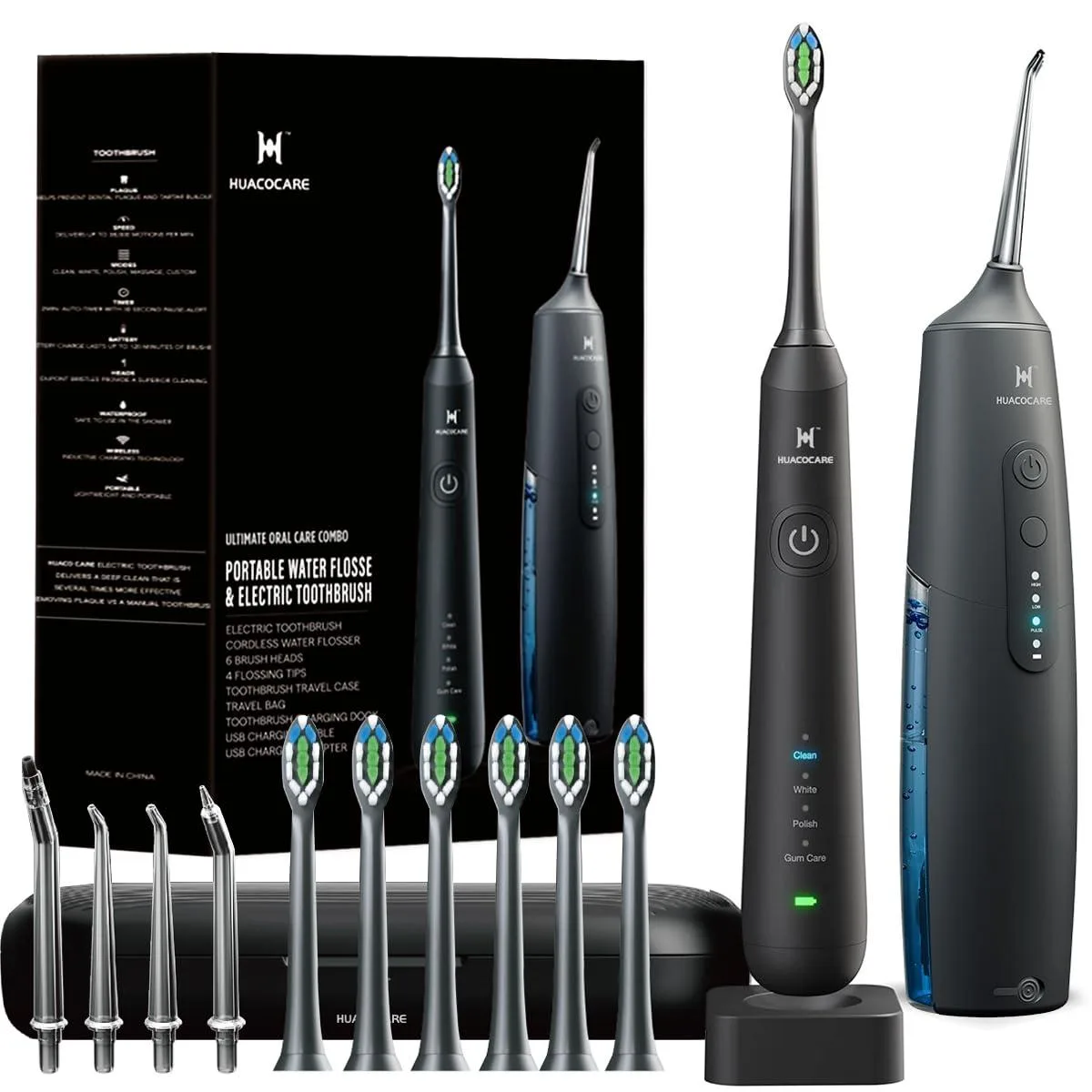 Black combination oral care unit with water flosser tank and electric toothbrush handle