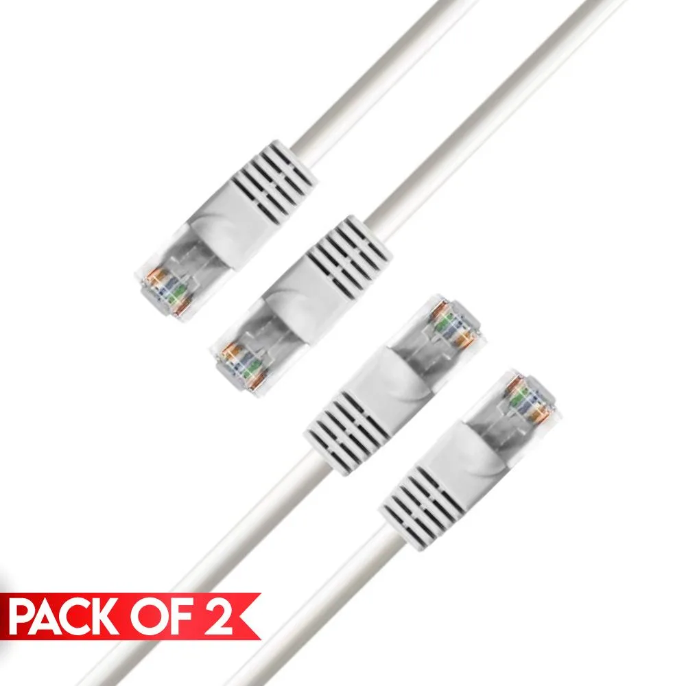 Two white flat Ethernet cables with clear RJ45 plugs