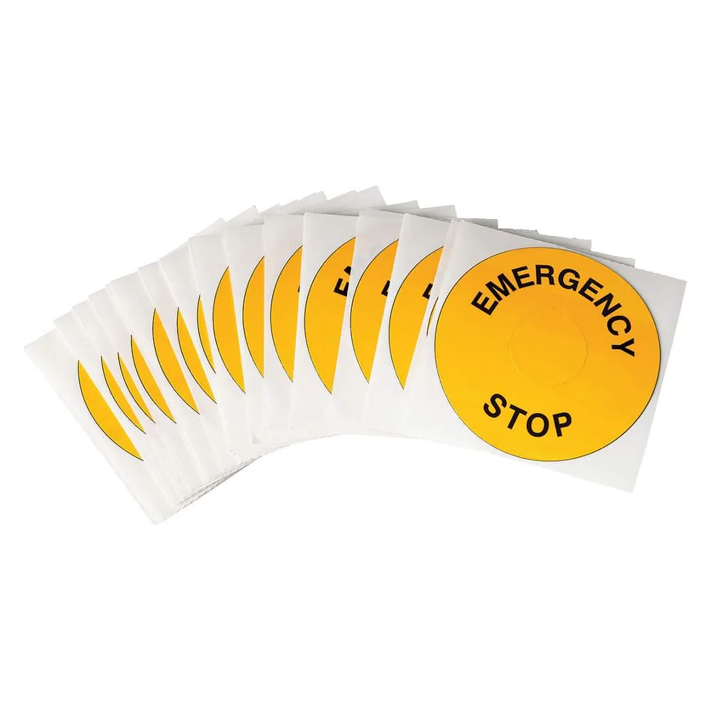 Brady Brady THTEP-197-593YL Emergency Stop Legend Plate Label 30mm Black on Yellow 25 Pack — product photo