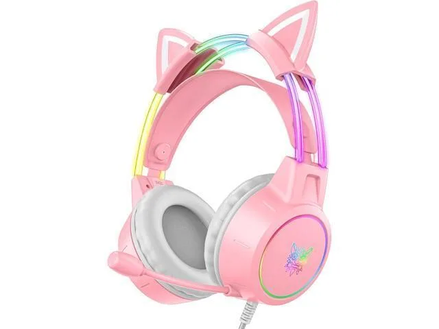 Pink over-ear gaming headset with detachable cat ears and RGB lighting