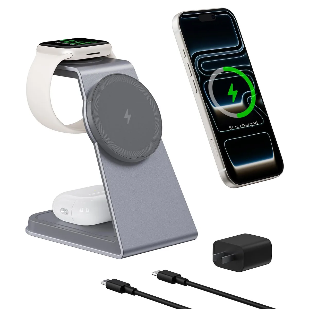 Aluminium wireless charging stand with three magnetic pads for phone, watch and earbuds