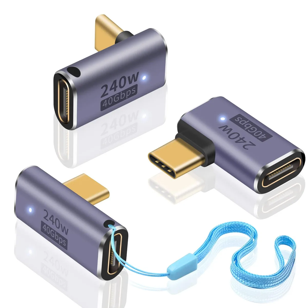 Three violet L-shaped USB-C adapters, right-angle connectors, gold-plated tips