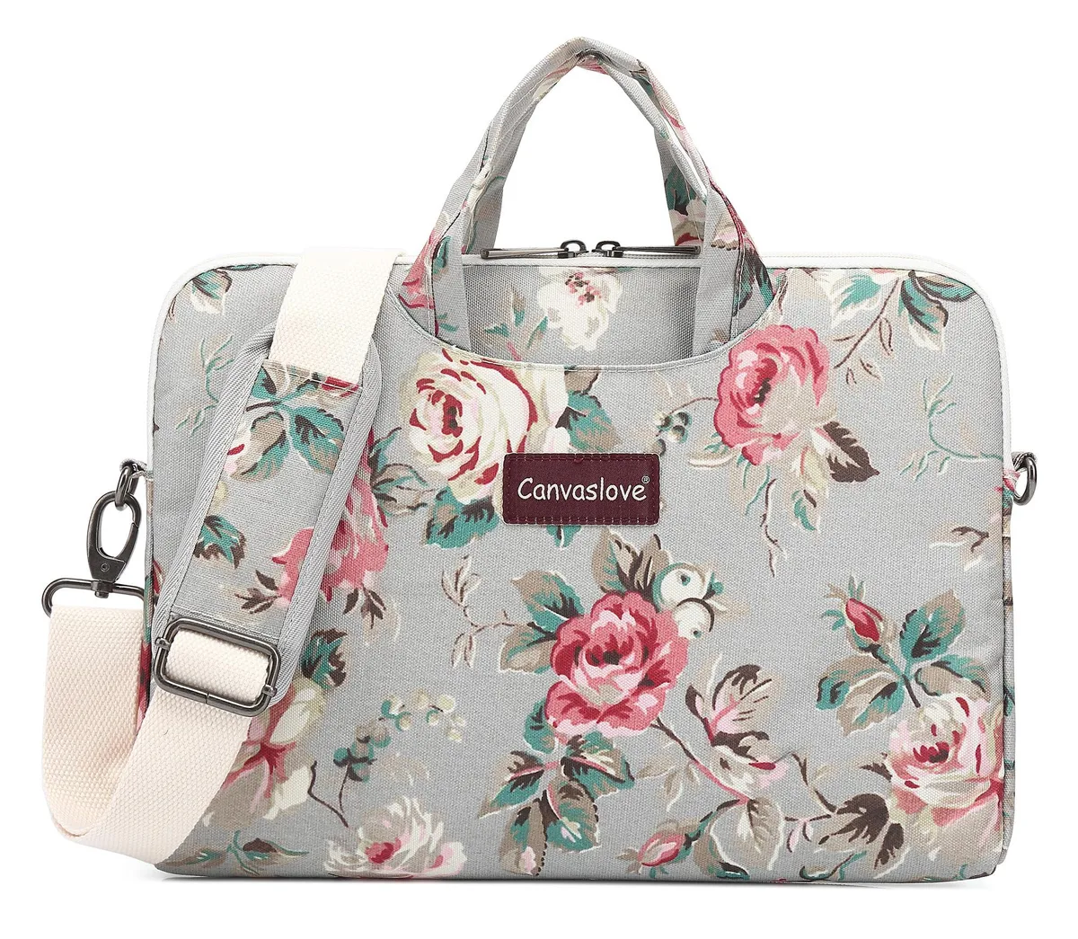 Rose-patterned water-resistant messenger bag with shoulder strap and top handles