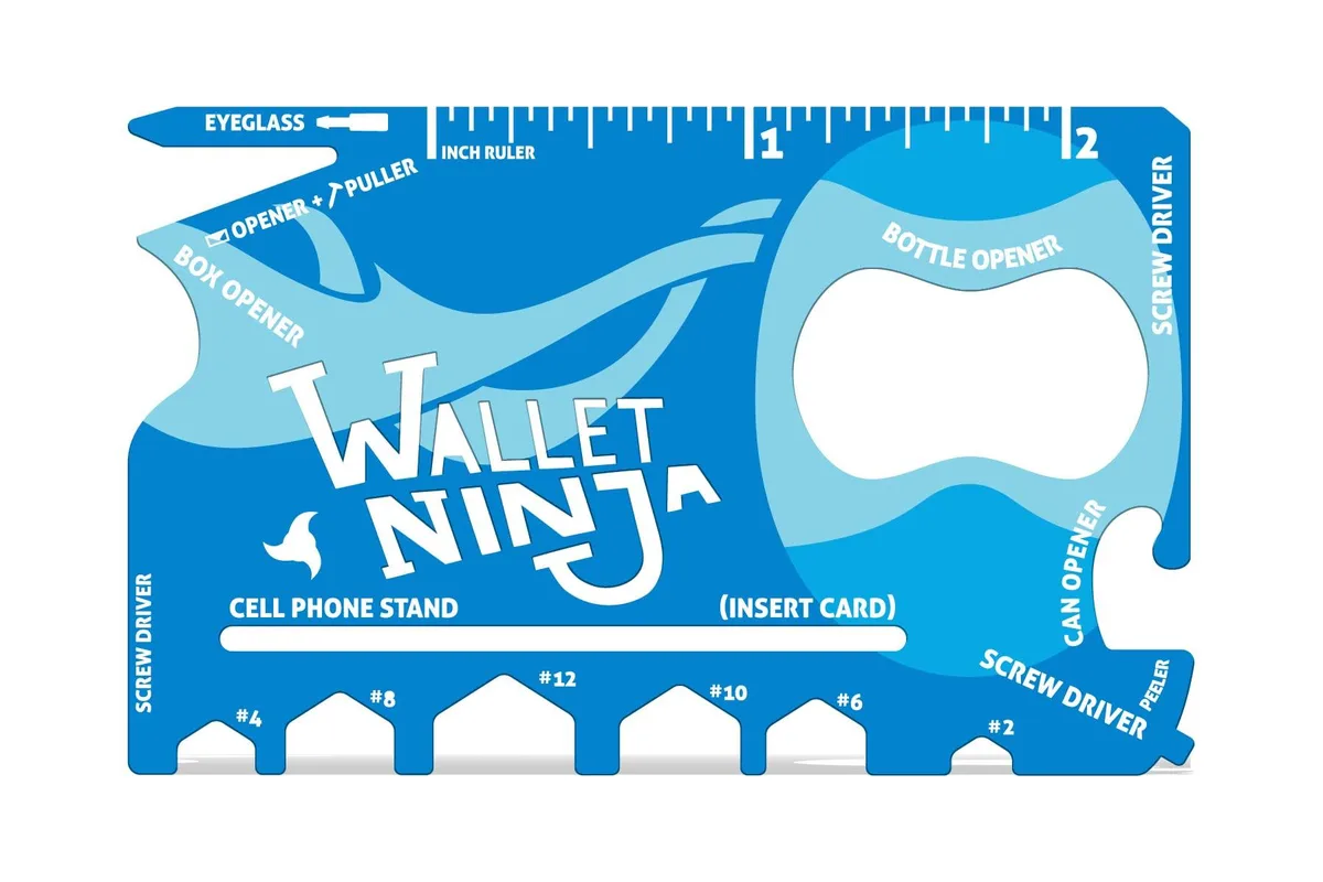 Twelve baby-blue credit-card steel multi-tools in a PVC sleeve