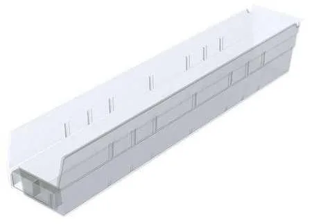 Clear plastic shelf storage bin, rectangular, 23 5/8 in long, 4 1/8 in wide, 4 in high