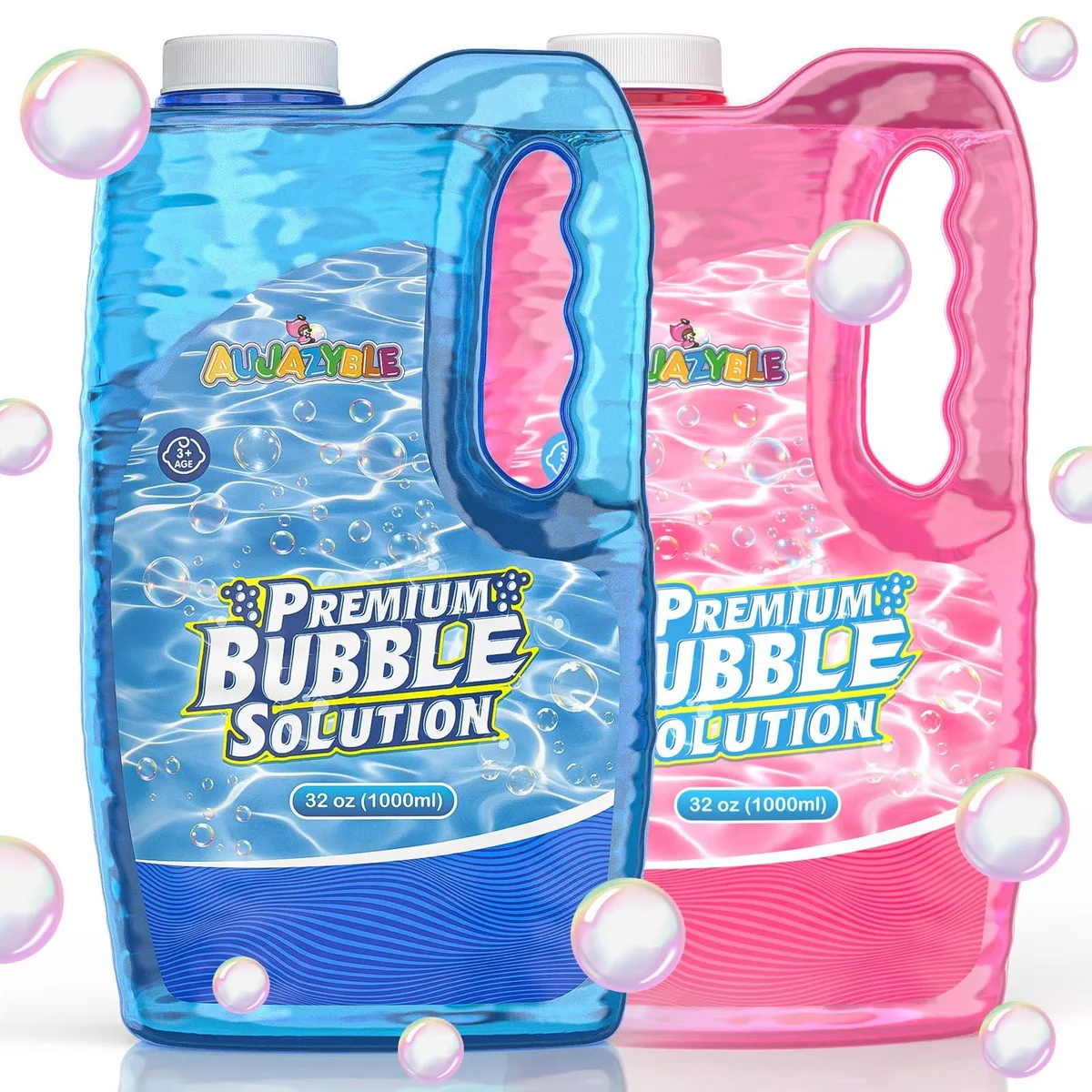 Two blue and pink plastic bottles with handles, 4.7 by 8.4 inches each