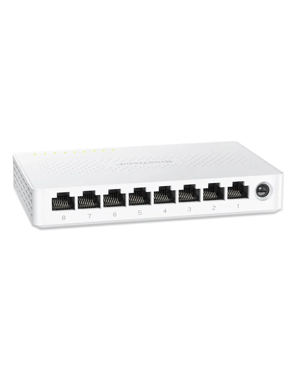Small black plastic box with eight RJ45 ports on the front