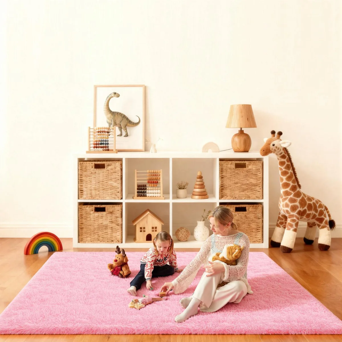 Pink rectangular polyester area rug with 1.7 inch high pile and non-slip backing