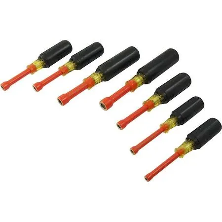 Seven insulated nut drivers in a canvas pouch