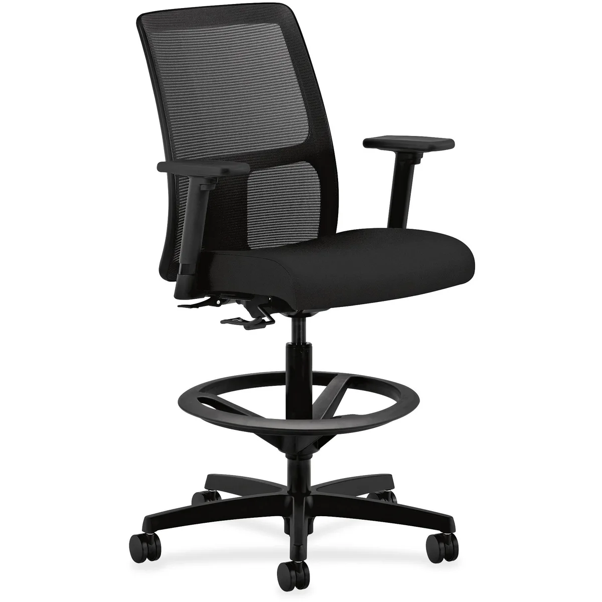 Black mesh-back task stool with adjustable arms and foot ring on five-star caster base