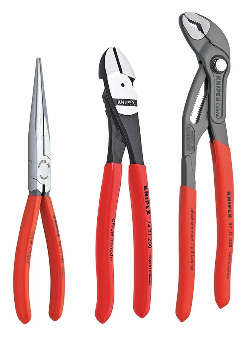 Three Knipex pliers in polished finish, plastic pack