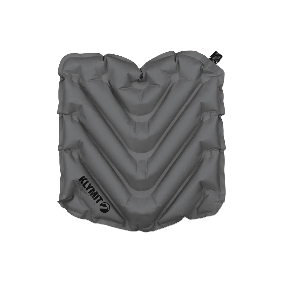 Navy-blue square inflatable cushion with V-chamber pattern, deflated size 3.5 by 1.5 inches