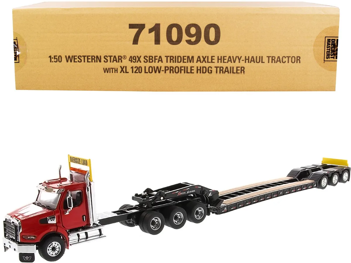 1/50 scale Western Star 49X heavy-haul tractor with low-profile trailer in red and black