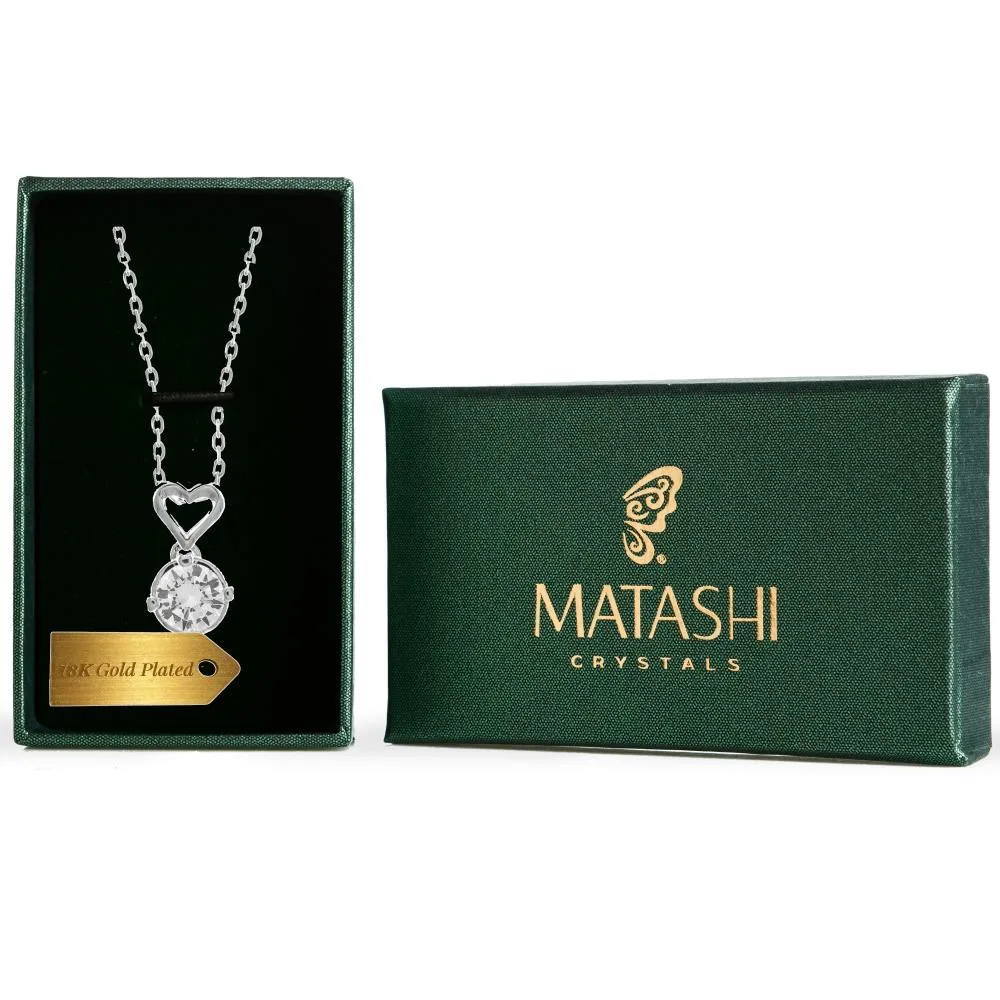 Slender 18K white gold plated chain with heart pendant and crystal drop, 16 inch extendable