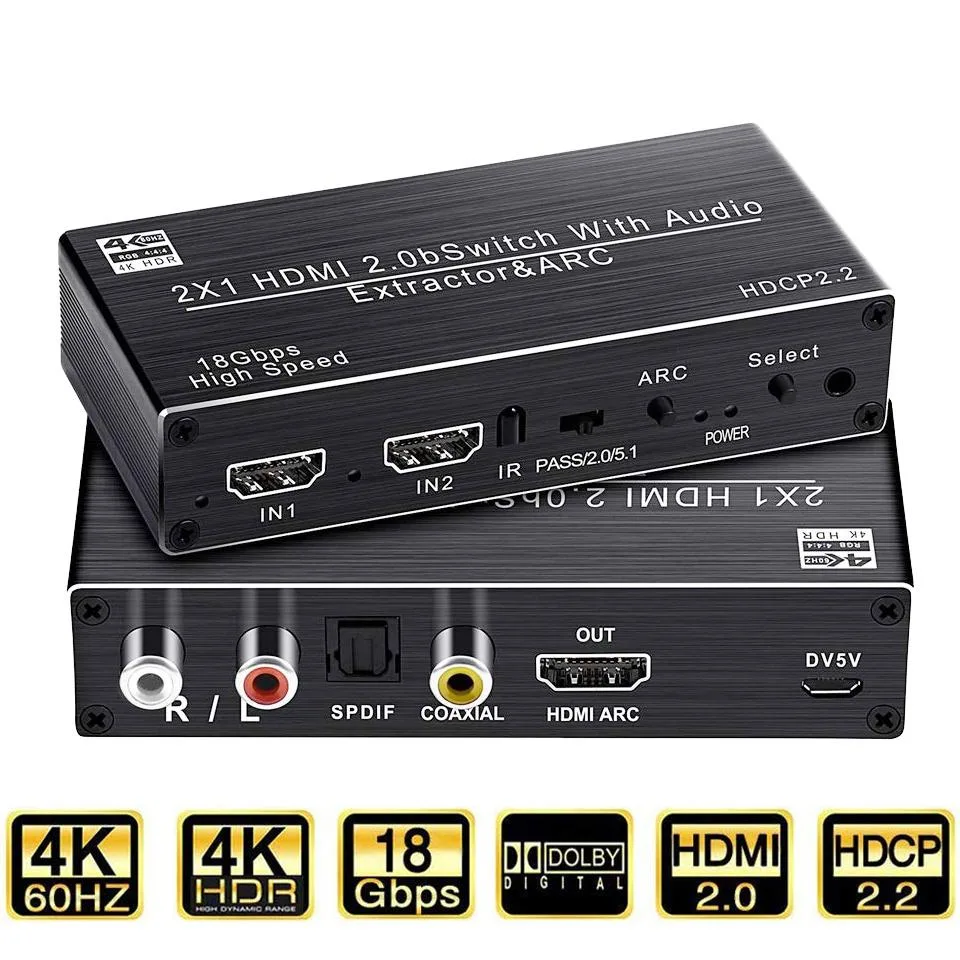 Black rectangular HDMI switch with multiple audio output ports