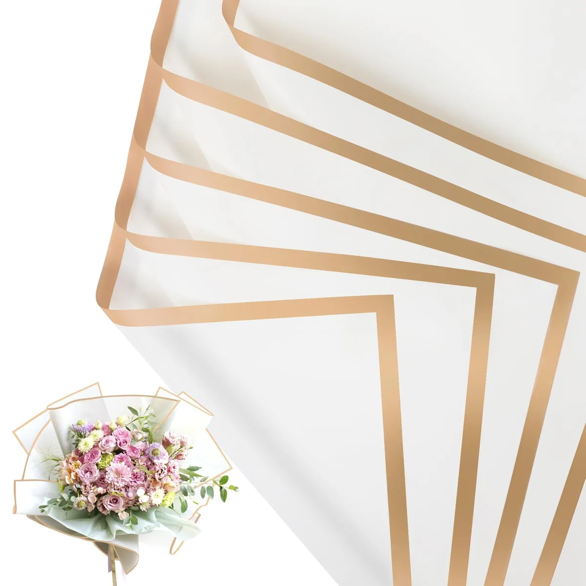  tuomeng-050-1 Paper Craft 20 Sheet Waterproof Floral Wrapping Paper White Gold Edge 22.8 Inches — product photo