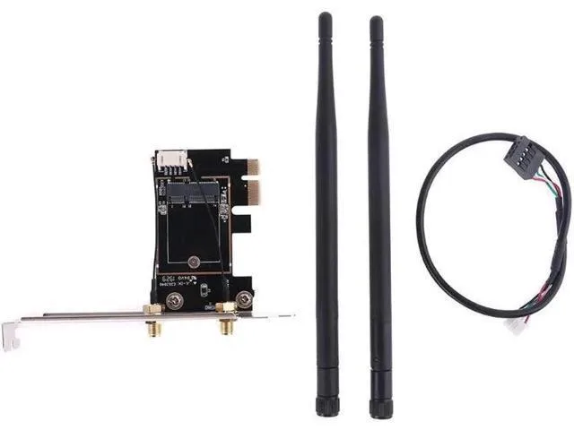 Small green circuit board with gold edge connector and two antenna connectors