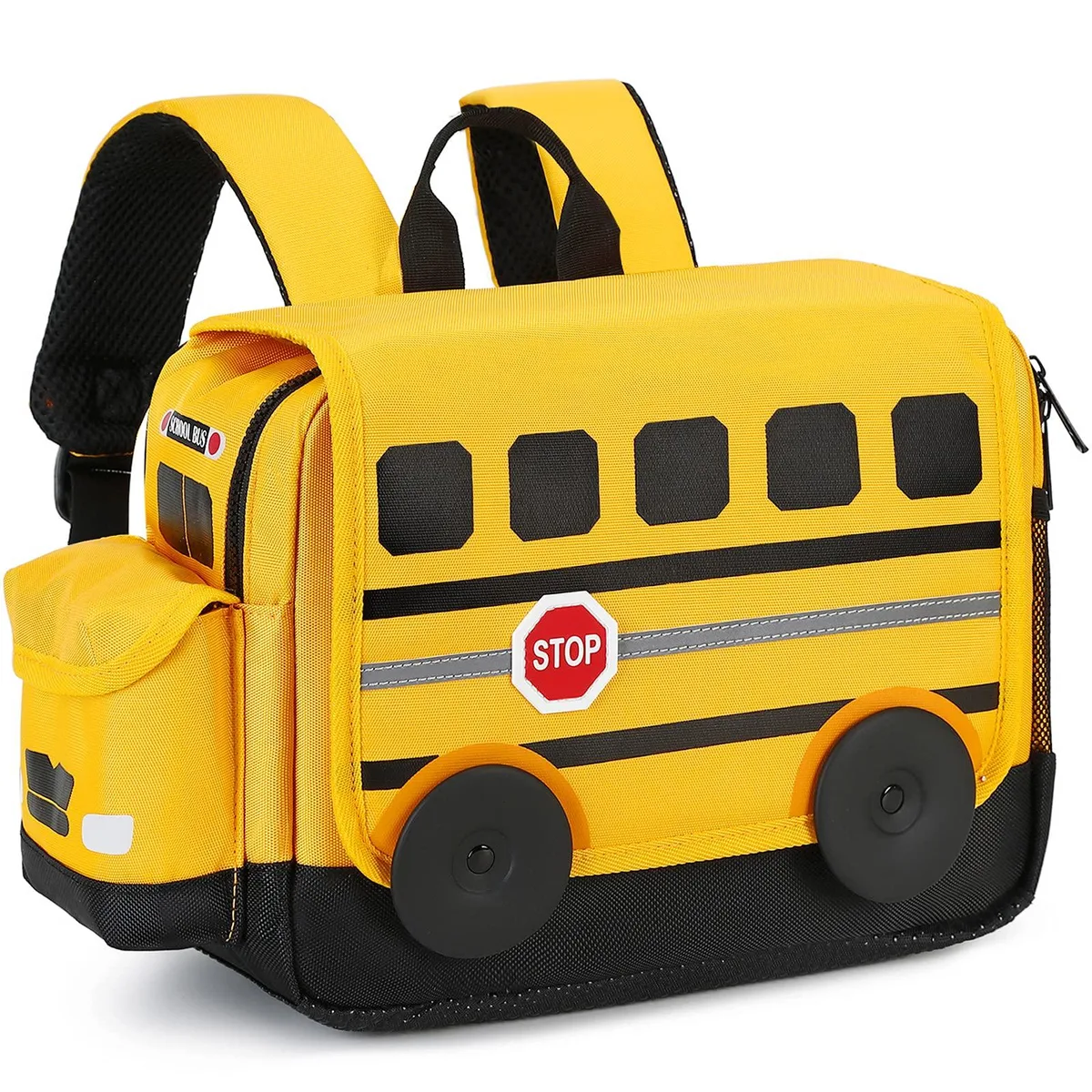 Medium yellow polyester backpack with 3D cartoon bus details, reflective strip and chest strap