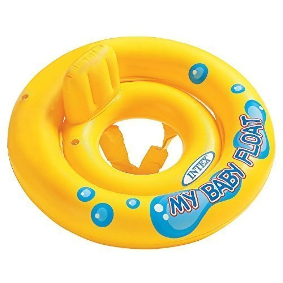 Yellow inflatable baby float with pillow backrest and inner seat ring, 36.5 inches diameter