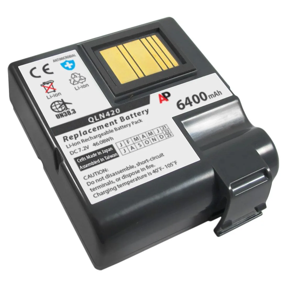 Rectangular replacement battery for Zebra QLn420 printer, black plastic casing with label